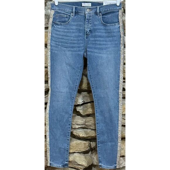 Women's NWT Loft Embilished Stripe Skinny Concert Sparkly Disco Jeans Size 8/29 - Picture 1 of 8